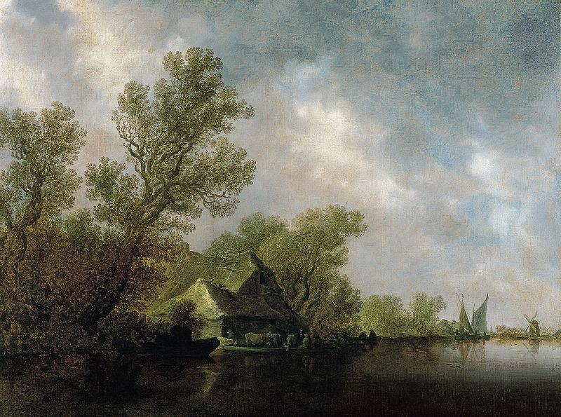 Jan van Goyen River Landscape with Ferry and cottages oil painting image